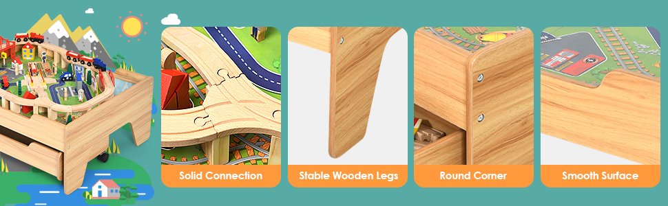 detail of kids activity table, solid connection, stable wooden legs, round conrner, smooth surface