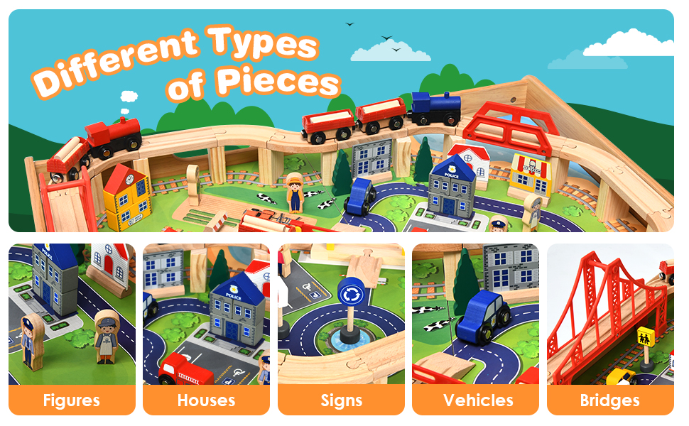 wood train table set with building, city, cars, railway, vehicles, bridges, houses