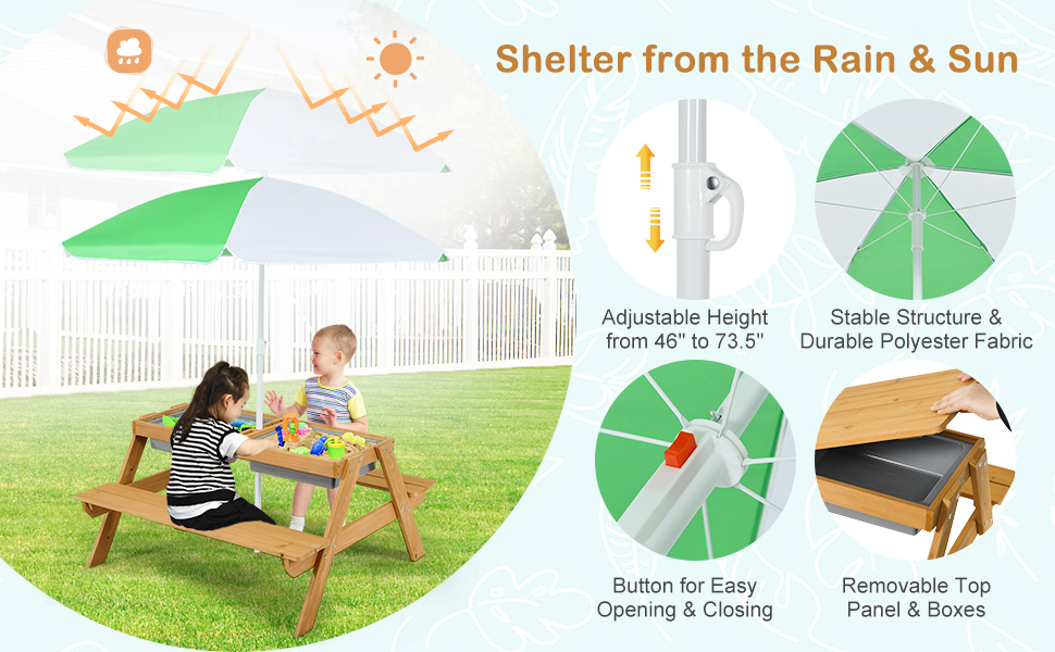 Children Outdoor Indoor Toy Playset, kids picnic table with height adjustable umbrella