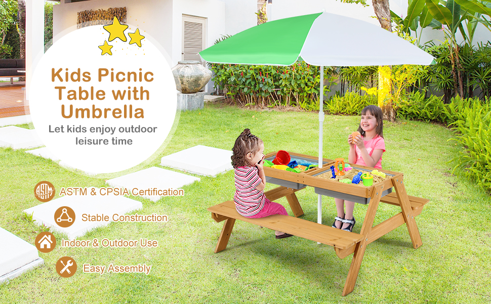 kids picnic table with umbrella and removable tabletop